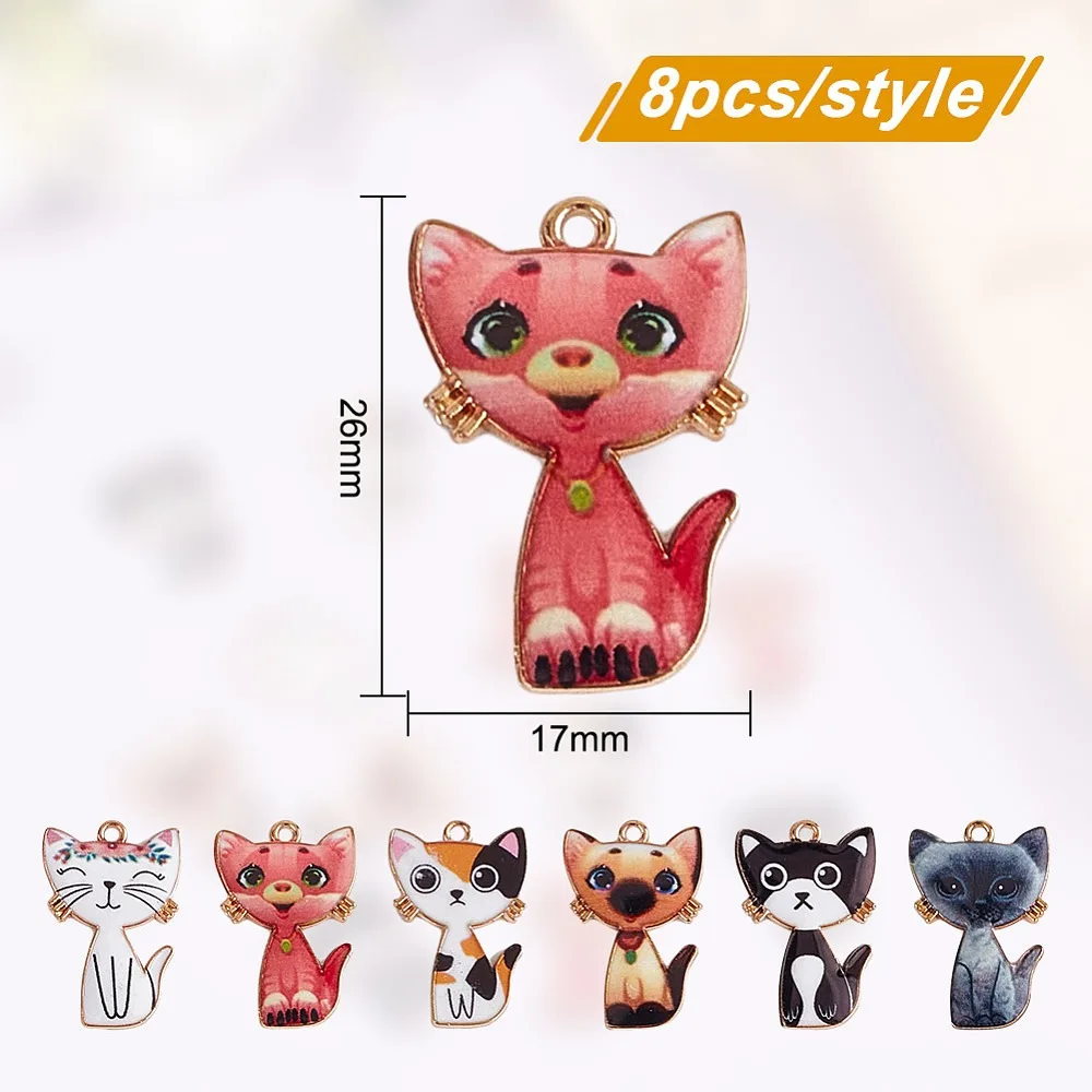 

48Pcs 6 Styles Alloy Enamel Pendants Light Gold Cat Charm Mixed Color 26x17mm 8pcs/style