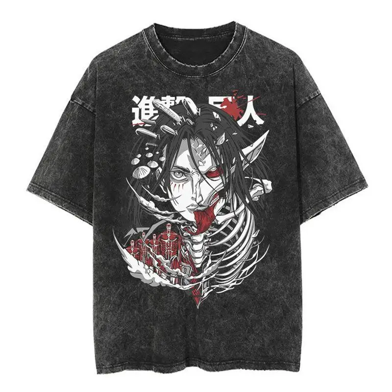

New Japanese Attack Giant Cartoon Anime Oversize High Street Vintage Washed Short Sleeve T-shirt