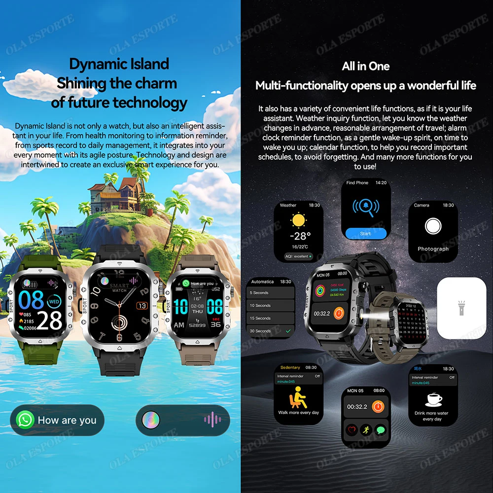 Rugged Sports Smart Watch Men Women Bluetooth Call Colorful Waterproof Military GPS Smartwatches with Flashlight For Android iOS
