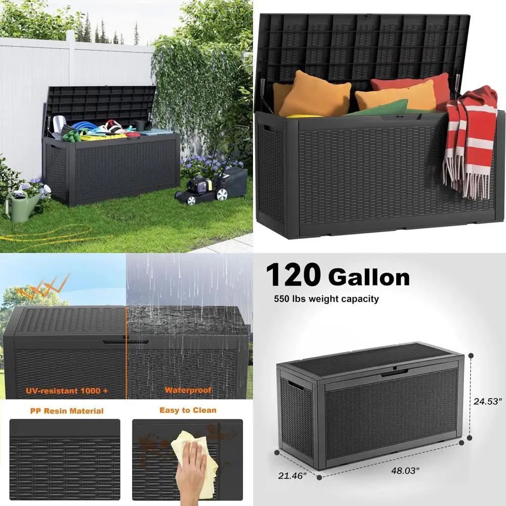 

Ящик для хранения из полимерной смолы на 120 галлонов - запираемый уличный контейнер для садовой мебели, аксессуаров для бассейна, садовых инструментов, черный