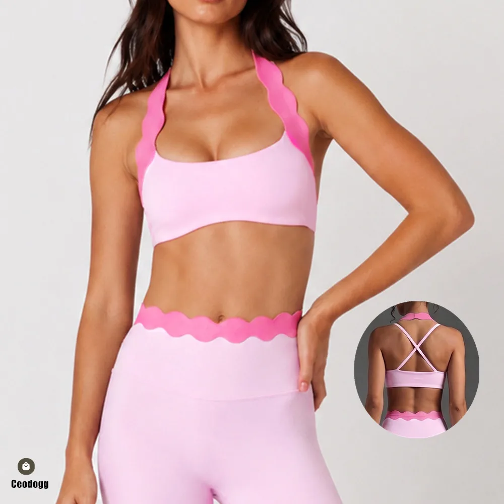 Pad Women Underwear Halter Neck Lace Top With Contrasting Shell Nude Feel Sports Fitness Wear Outfits Summer Yoga Bra XP49
