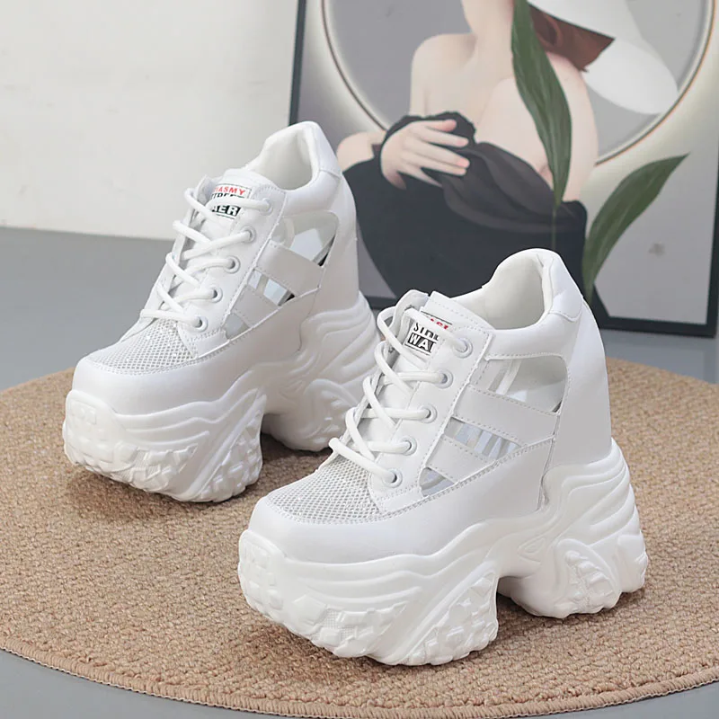 

Women's 12CM Platform Sneakers Breathable Hollow Out White Shoes Thick Sole Elevator Height Increase Comfort Casual Shoes