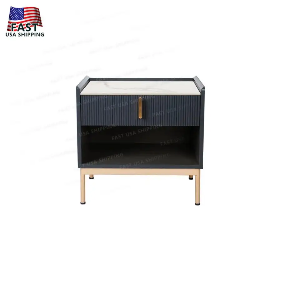 White Grey End Table Stone Top Gold Frame Modern Nightstand