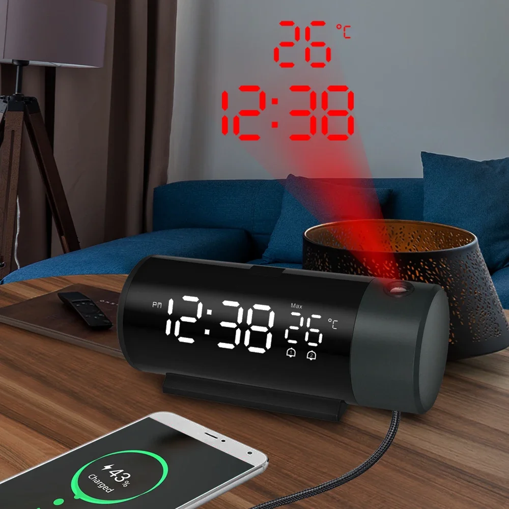 

Digital Alarm Clock LED Electronic Table Projector Watch Time Projection Bedroom Bedside Automatic Backlight 180° Rotation