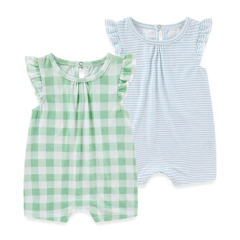 2-Pieces Plaid Baby Girls Bodysuits Newborn Onesies Summer Sleeveles Infant Clothes