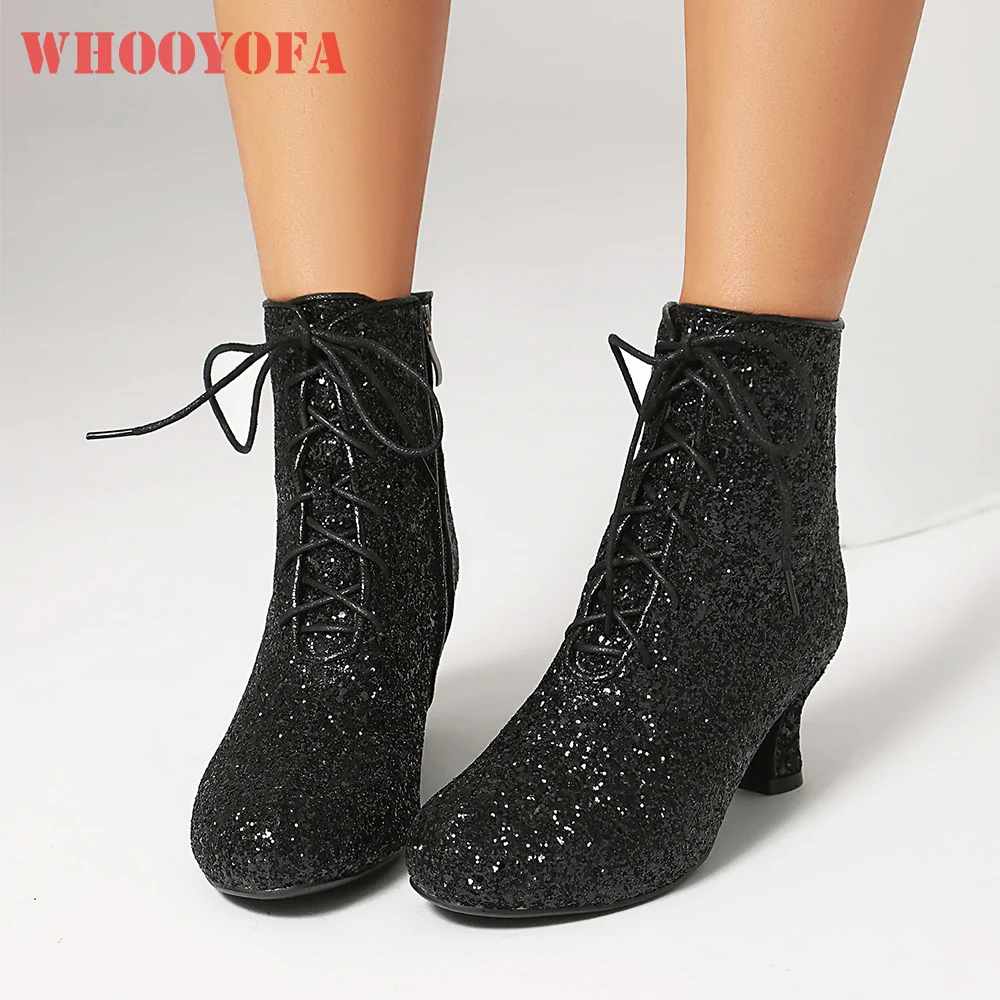 

2025 New Winter Comfortable Black Gold Women Ankle Boots Sexy Round Toe 5.5cm High Heel Lady Shoes Plus Big Size 12 42 45