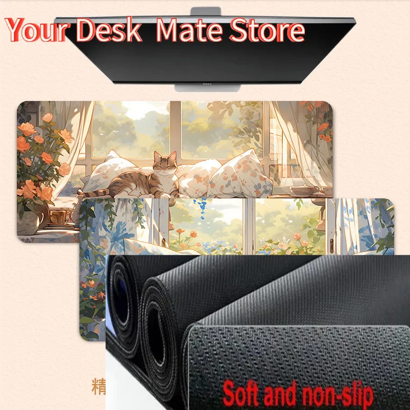 Beside the Window Cat Mouse Pad Oversized Healing Cute Cartoon Boys Girls Creative Office Computer Keyboard Desk Pad Secure Grip