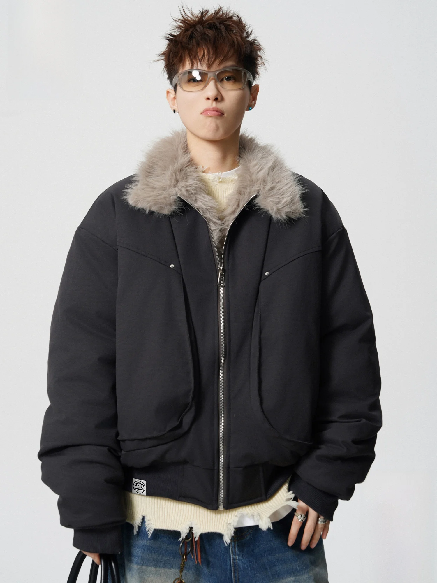 

PaulFrank Thiened Winter Jaet Men's Casual Warm Coat with Fur Collar Zipper Closure Long Sve Polyester Youth Faion