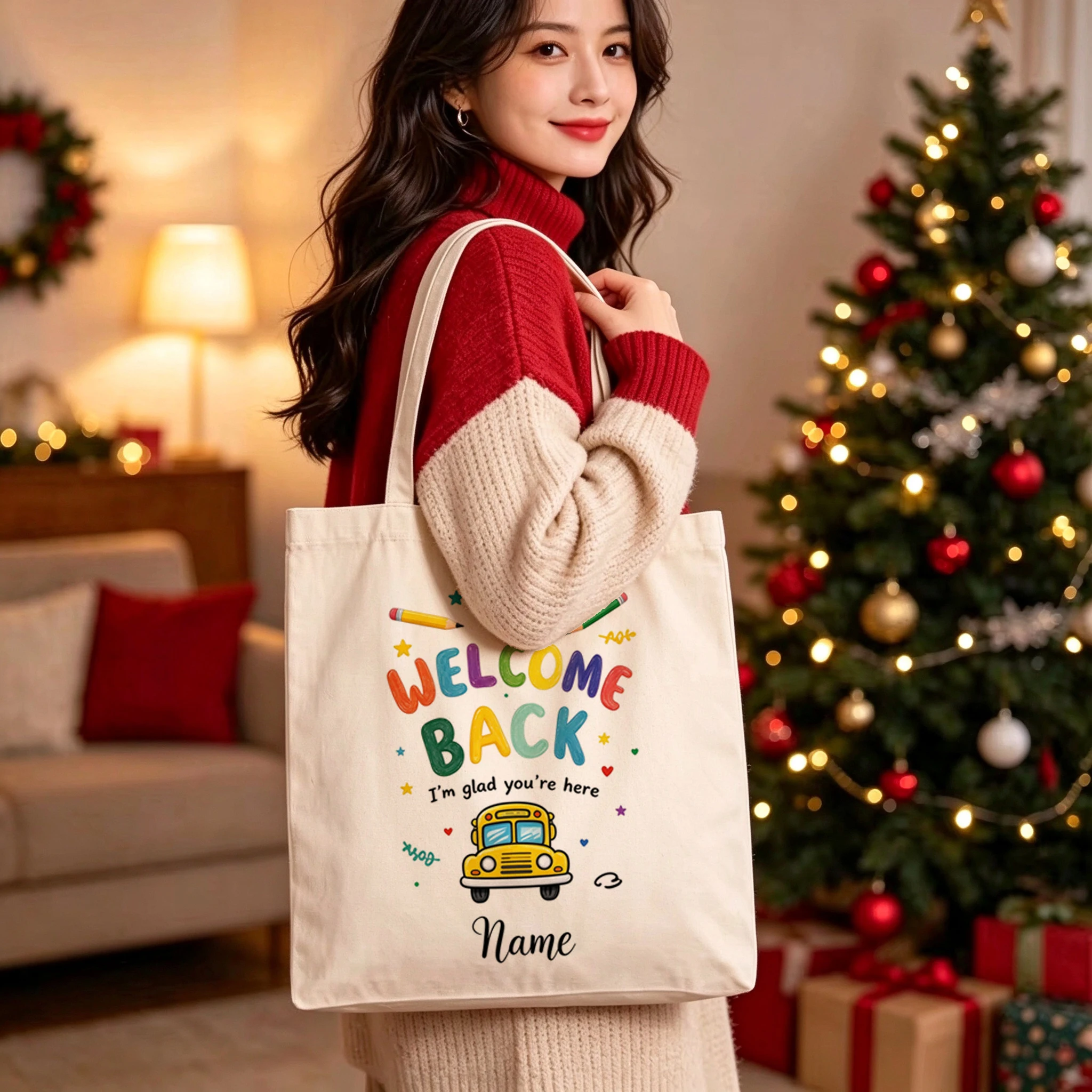 Personalized Welcome Back Canvas Tote Bag Custom Name Back to School Teacher Grocery Shopping Bag Reusable for Women Girls Gifts