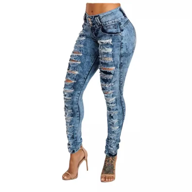 Jean skinny taille haute pour femme avec poches déchirées, pantalon troué en denim, streetwear à boutons déFlex, longueur de rinçage