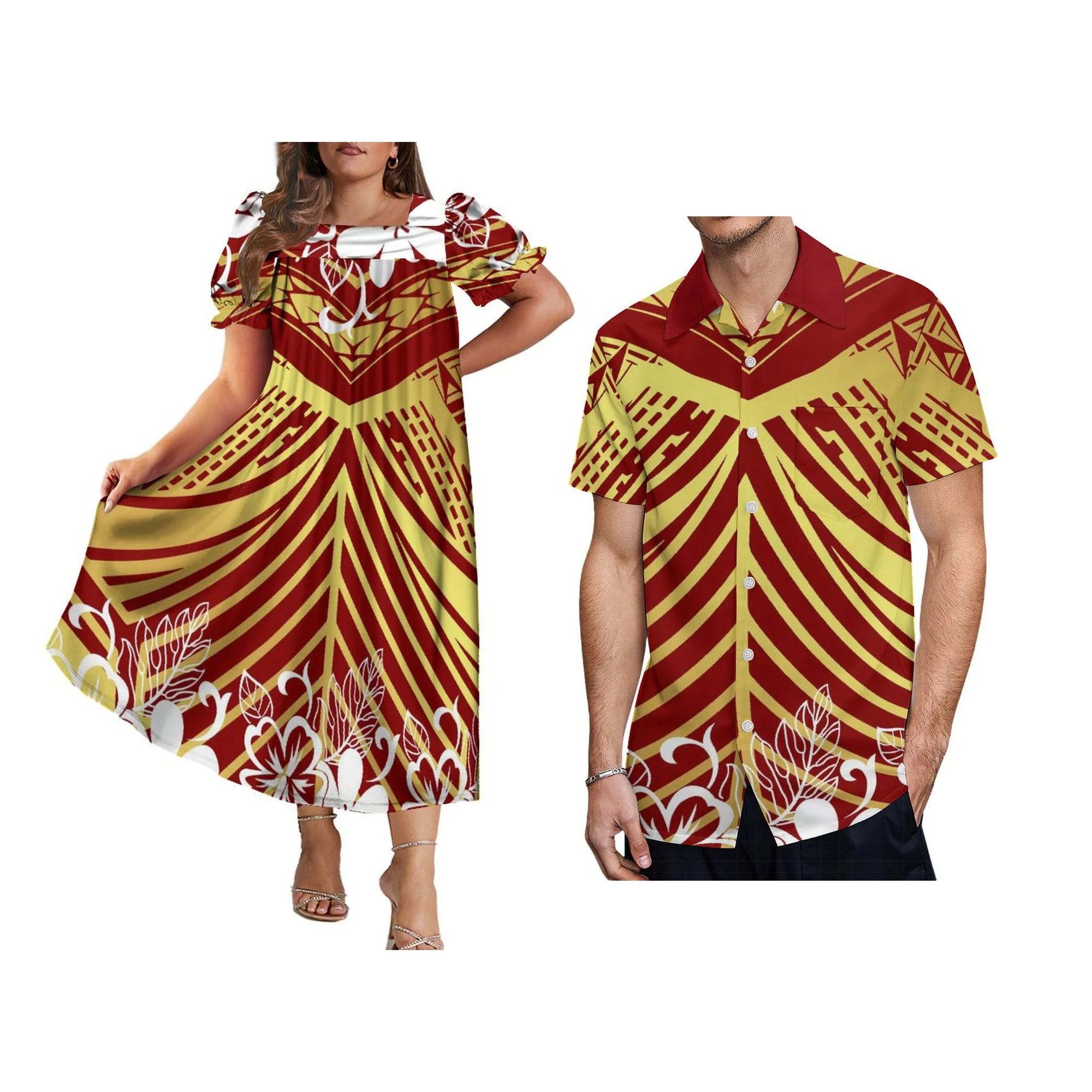 New Style Hem Widened Micronesian Mumu Dress Custom  Polynesian Tribal Print Women Big Size Puff Sleeve Puffy Dress