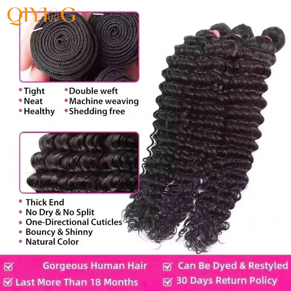 QIYING Deep Wave Bundles With 4x4 Lace Closure 12A 100% Virgin Human Hair Weave Extensions Free Part Natural Black Double Weft Curly Human Hair Bundles With Closure Local In Stock Fast Shipping For Women