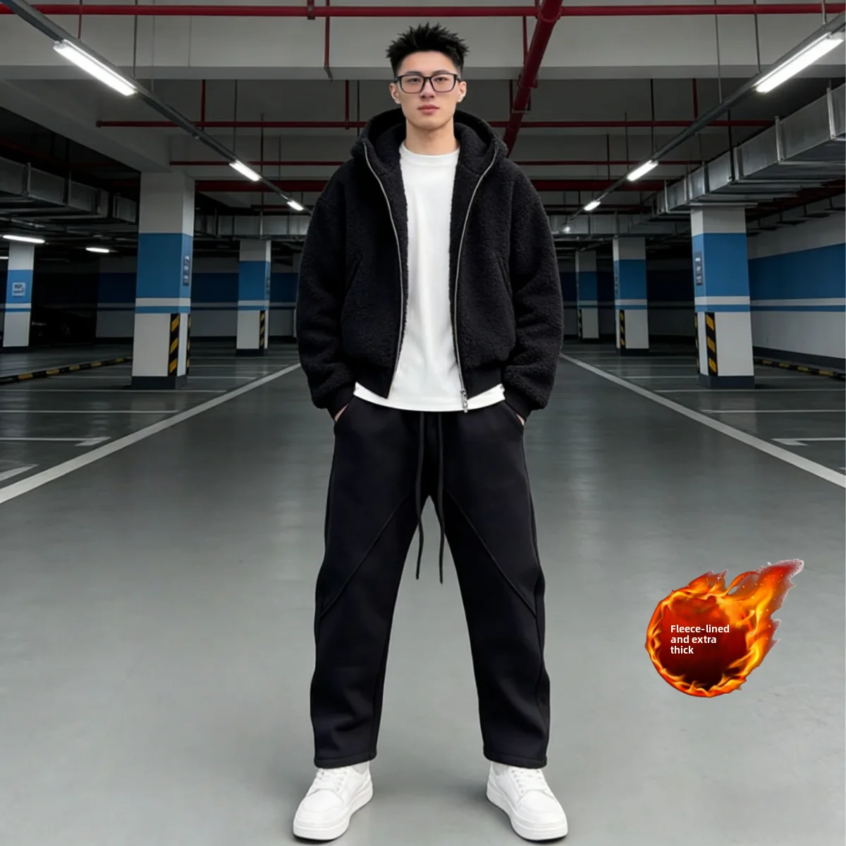 

Men's Casual Fce Lined Hoodie Sweatirt And Pants Set Large Size Autumn Winter Comfortable Loose Straight Leg Pants