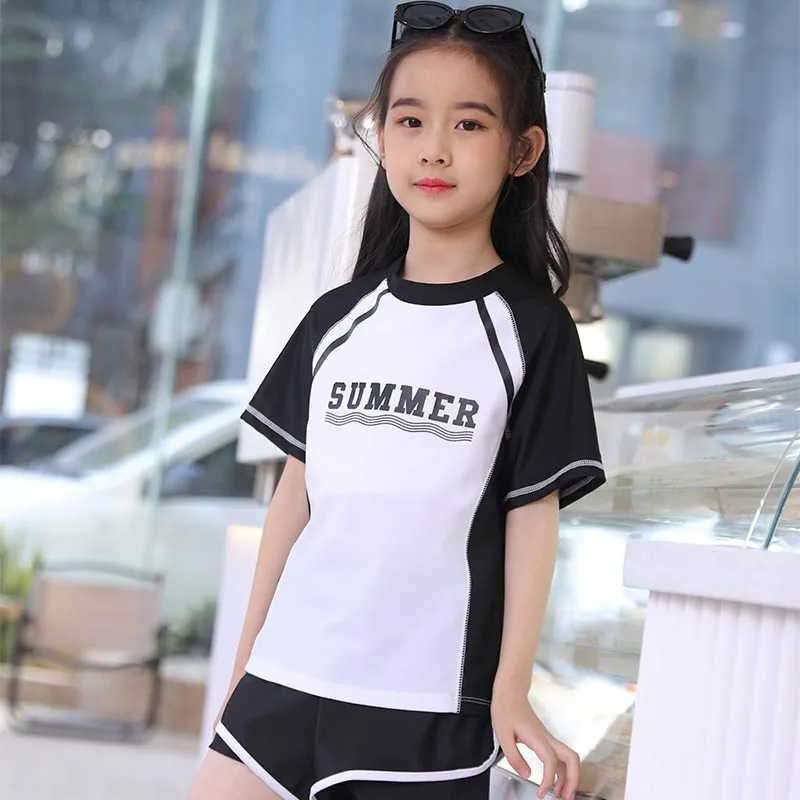 

Girls Swimsuit 2 Piece Sets Summer Beach Breathable Bathing Suit Short Sleeve Swimwear with Swimming Trunks