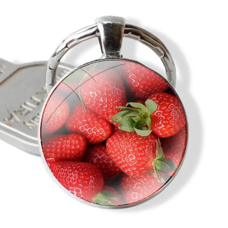 Keychain Handmade Glass Cabochon Key Ring Holder Pendant Key Chains Summer Fruit and Berries