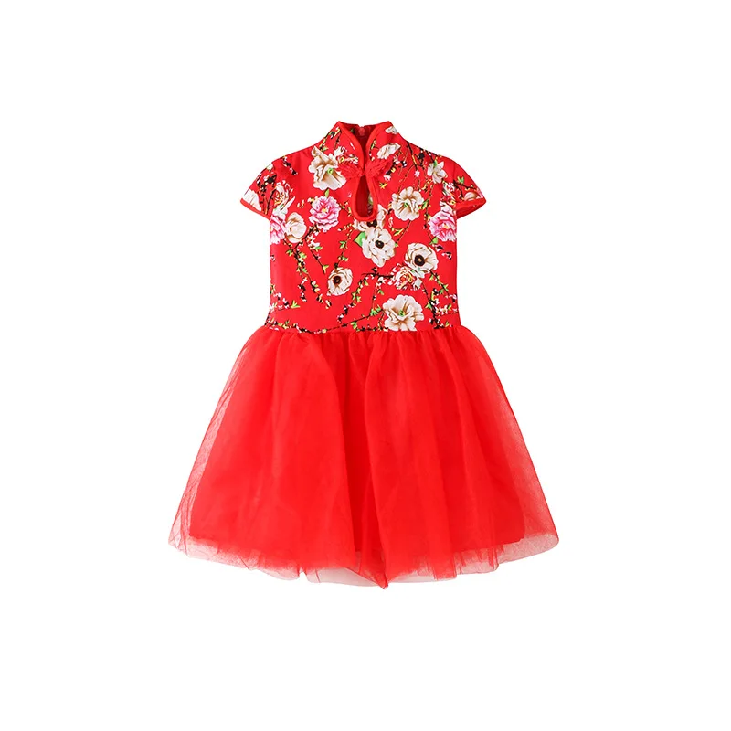 Fashion Summer Performance Kids Cheongsam Mesh Princess Dresses Chinese Style Red Girl Dress Qipao Children Clothing Vestidos