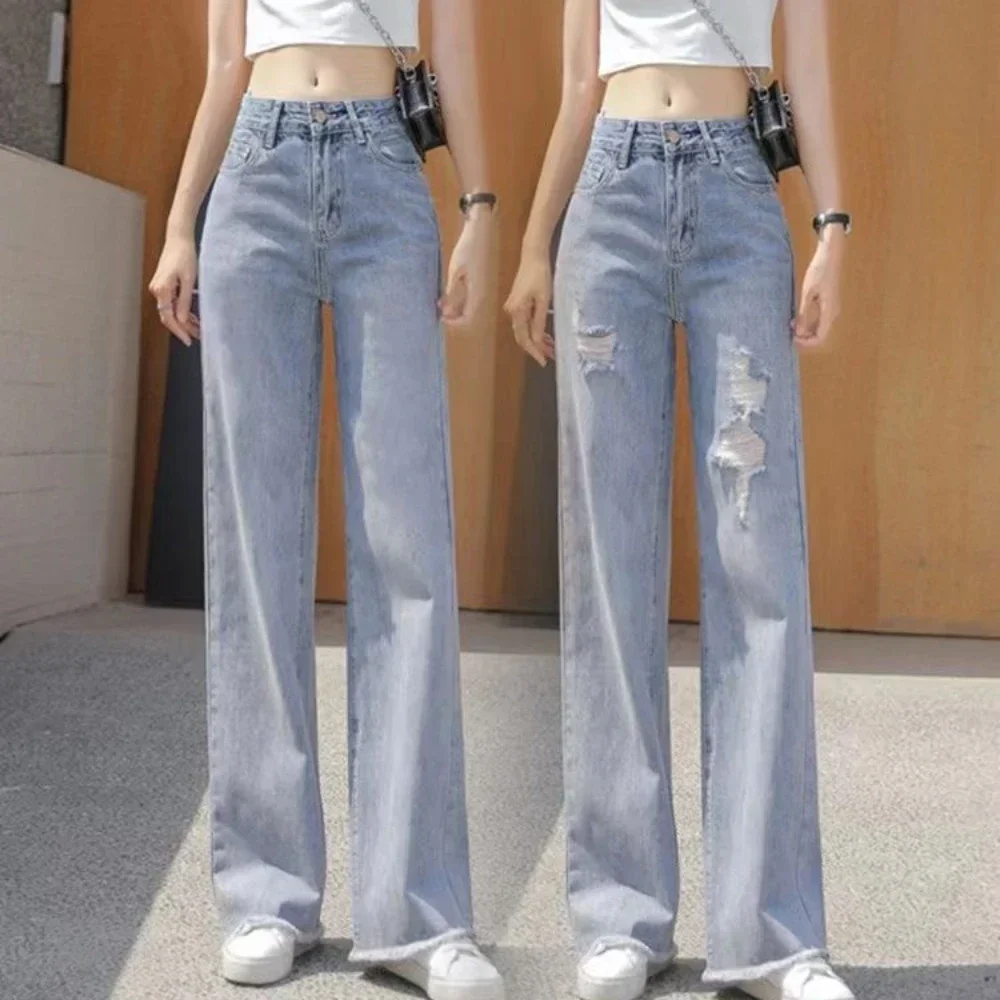 Imagem -04 - Jeans Feminino Rasgado de Cintura Alta com Buracos Bolsos de Perna Reta Calça Hippie Emo Calça Elástica Rasgada Azul