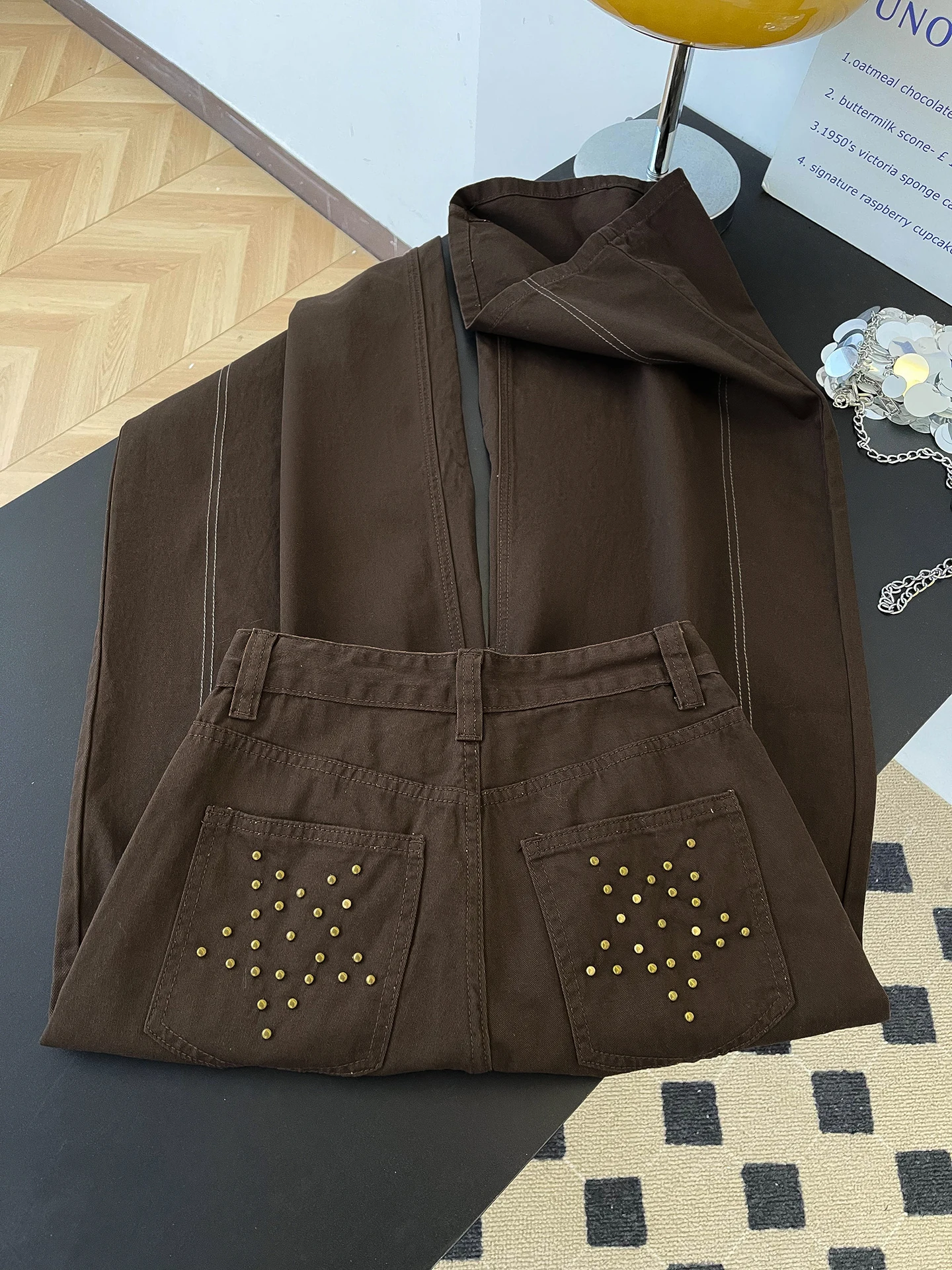 

Ce Brown High Waist Wide Leg Jeans Women's Spring New Sle Rivet ket Slimming Design Long Pants Floor Length Bootcut