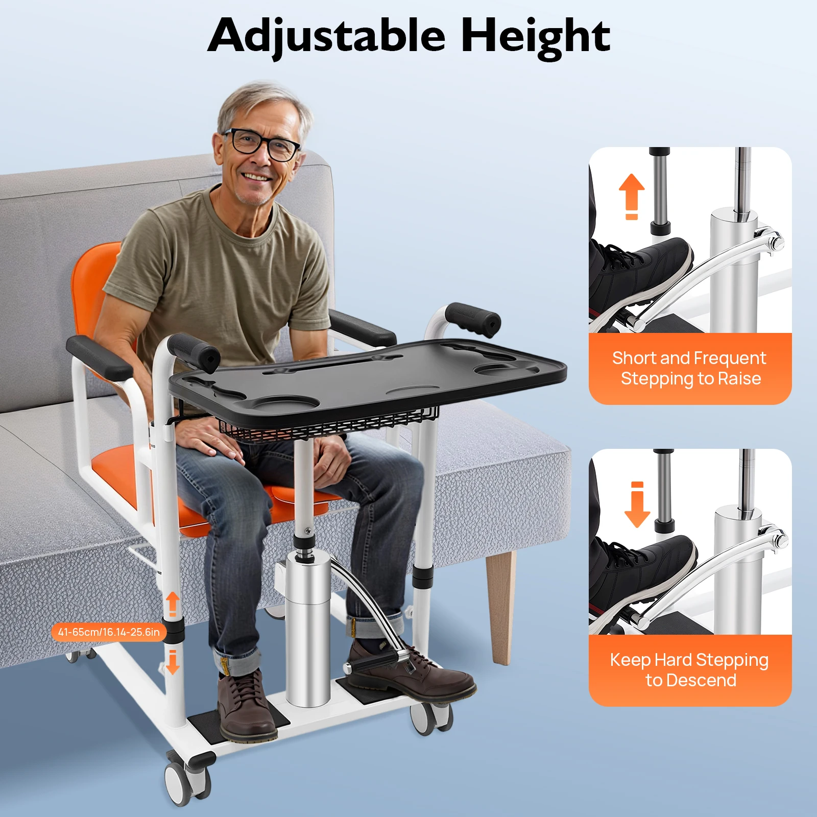 مساعد نقل الكراسي المتحركة المحمول لرفع المريض الهيدروليكي لكبار السن باللون البرتقالي والأبيض والأسود وحمولة 150 كجم #3