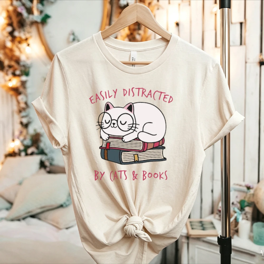 Women Easily Distracted By Cats and Books Cute Cat with Glasses Graphic T Shirt Cat Lover Book Lover Short Sleeve Cotton Tee Top