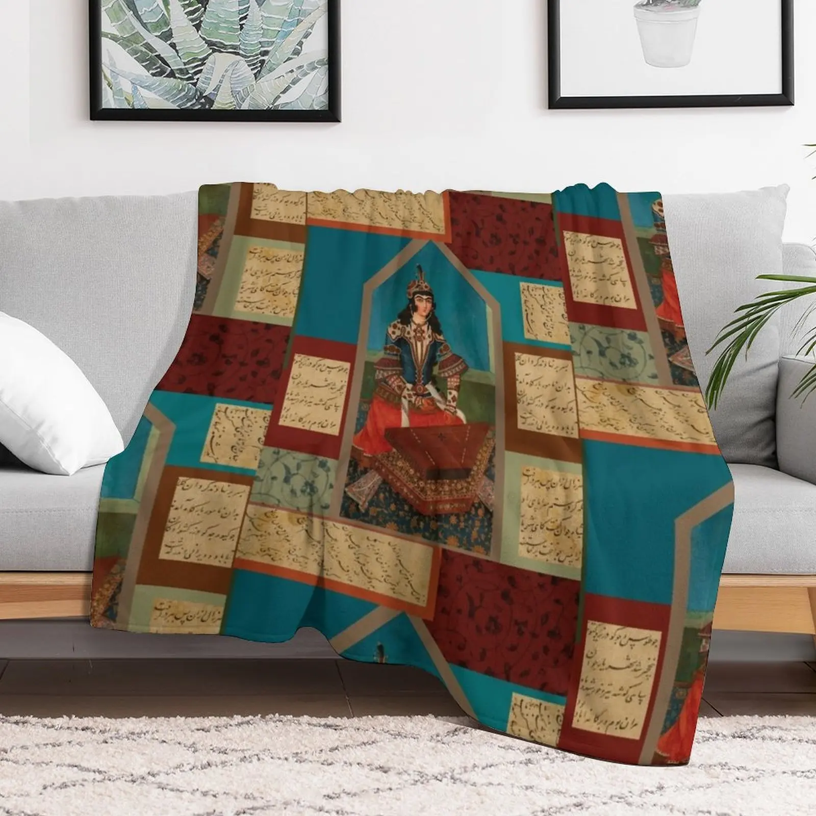 Persian Musician and Calligraphy Throw Blanket