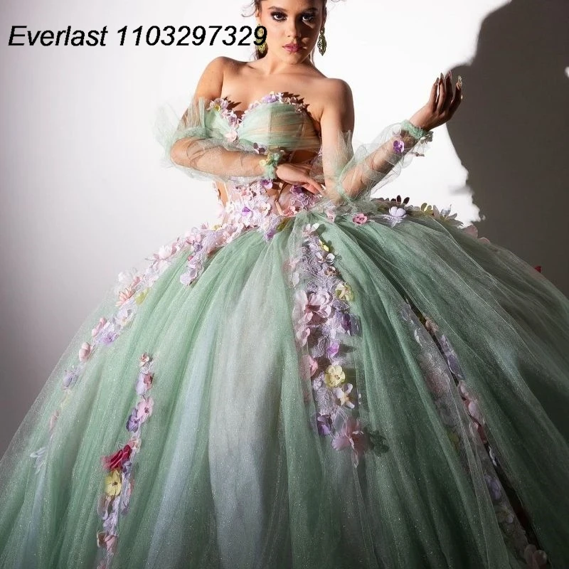 

EVLAST Glitter Mint Quinceanera Dress Ball Gown Colorful 3D Flowers Applique Beads Corset Sweet 16 Vestidos De XV 15 Anos TQD693