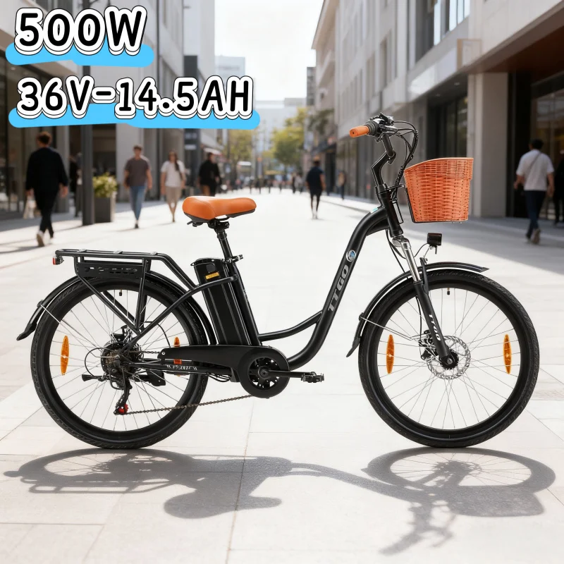 

New electric bicycle 26 inches 350W 36V 14.5AH battery with basket black and white color fashionable and convenient adult E-bike