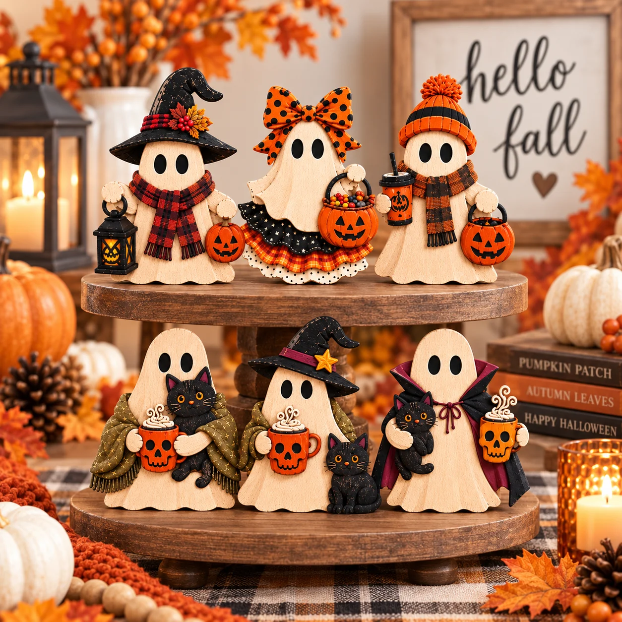 Ghostly Wooden Block Ornament Halloween Desktop Decor Rustic Autumn Decoration Farmhouse-Style Halloween Decoration Gift