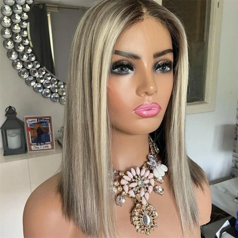 Wig Rambut Sintetis Lurus Alami dengan Lace Frontal untuk Wanita, Tebal, Warna Pirang Platinum Abu Muda, Pirang, Serat untuk Penggunaan Sehari-hari, Pesta, dan Cosplay