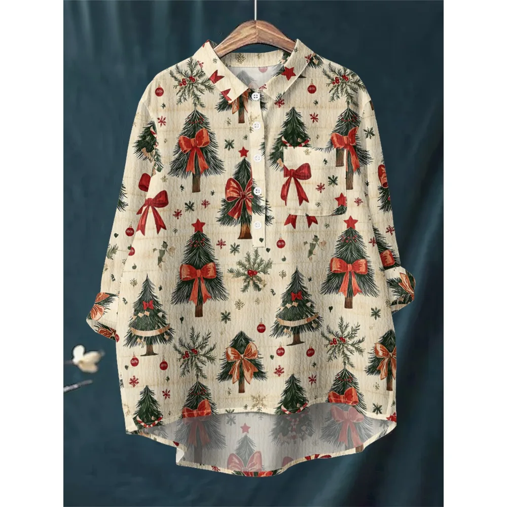 

Cozy Oversized Blouse with Half Button Placket and Irregular Hem Festival Party Wear Christmas Theme Shirt for Women Funny Tops