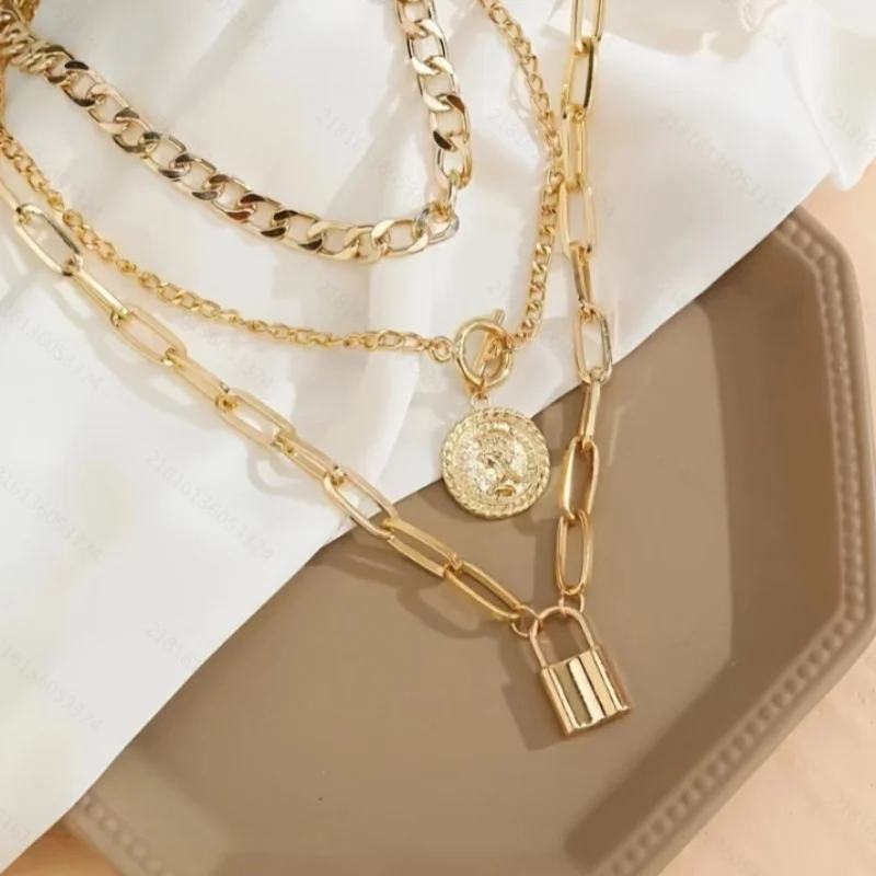 Multi Layered Necklace Layering Lock Pendant Suitable for Rock Enthusiasts To Wear At Concerts and Themed Gatherings Enhancing