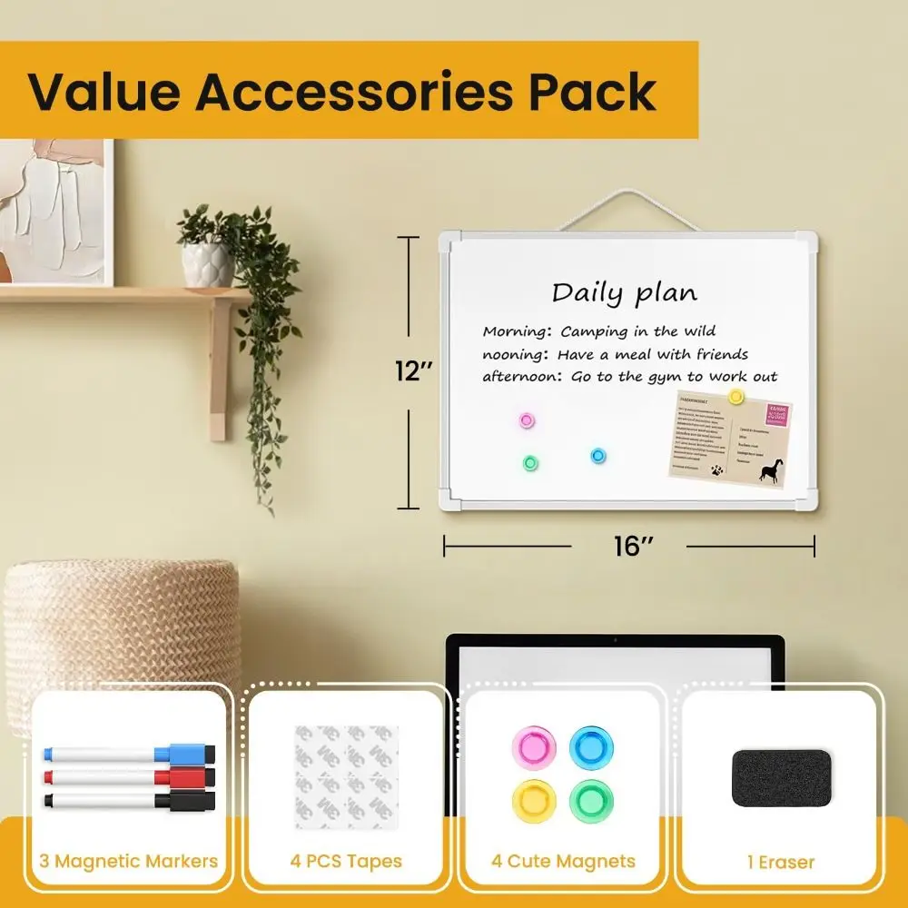 3개의 마커와 4개의 자석이 포함된 드라이 지우개 보드 벽걸이형 양면 화이트보드 16인치 X 12인치 소형 메모 메시지 보드