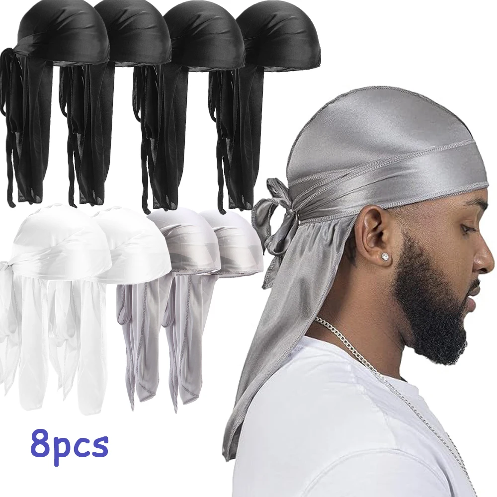 8pcs Silky Satin Durag Men Women Solid Color Long Tail Head Wrap Cap Smooth Bandana Headwear for Hair Protection Headscarf Cover