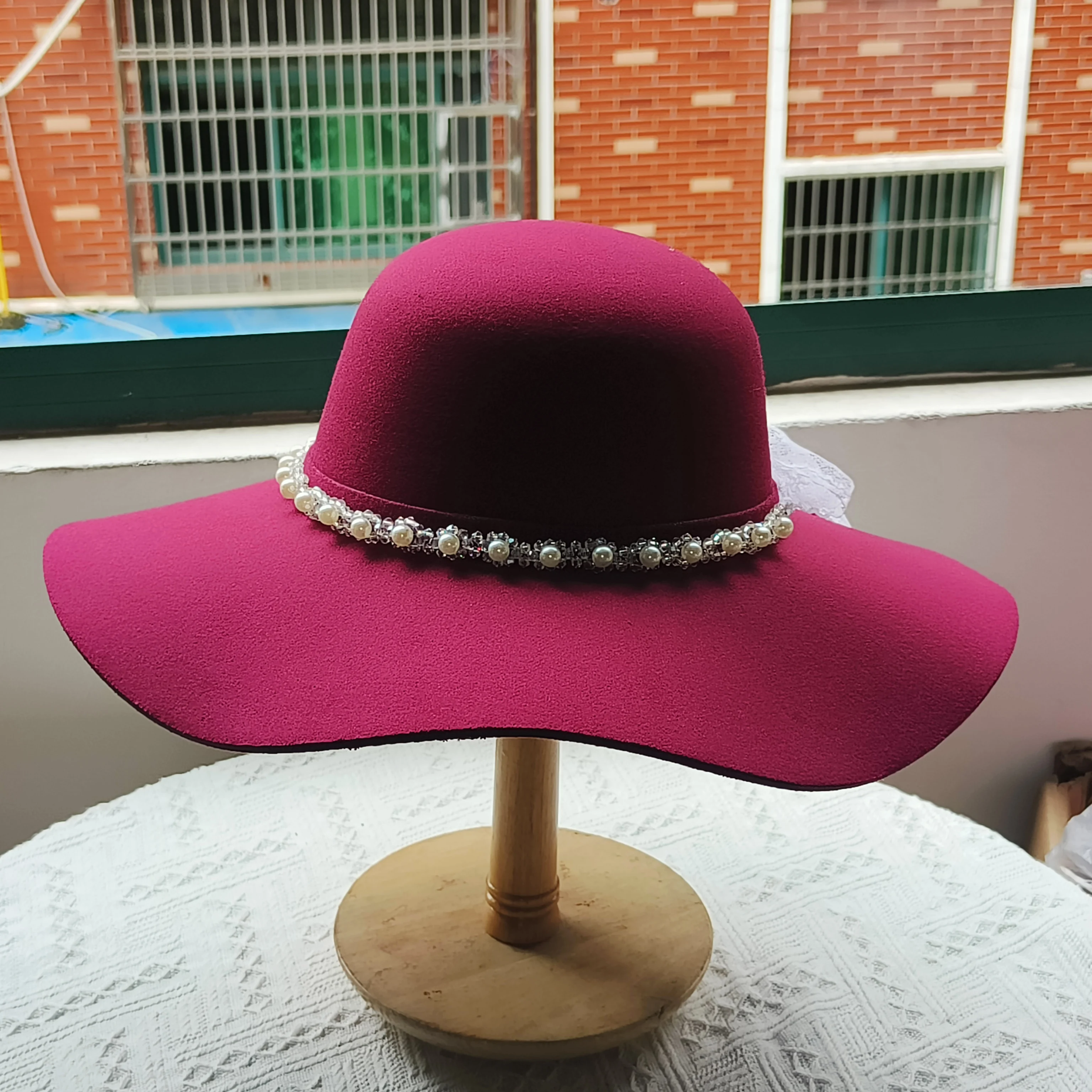 solid Pearl dome fedora Hat Women Party Hat big brim fedora lady special caps Hepburn sombrero mujer