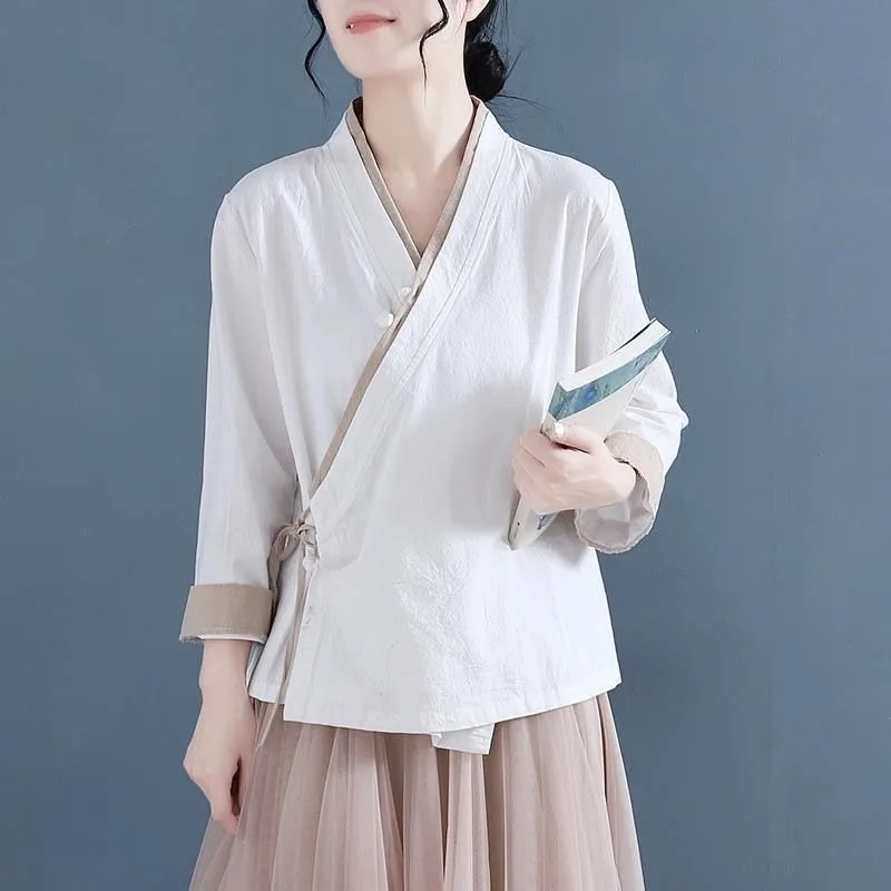 Women's plus Size Shirt Spring Summer New Style Button up Cotton Linen Cover Belly Hanfu Style Loose Fit V Neck Open Cardigan