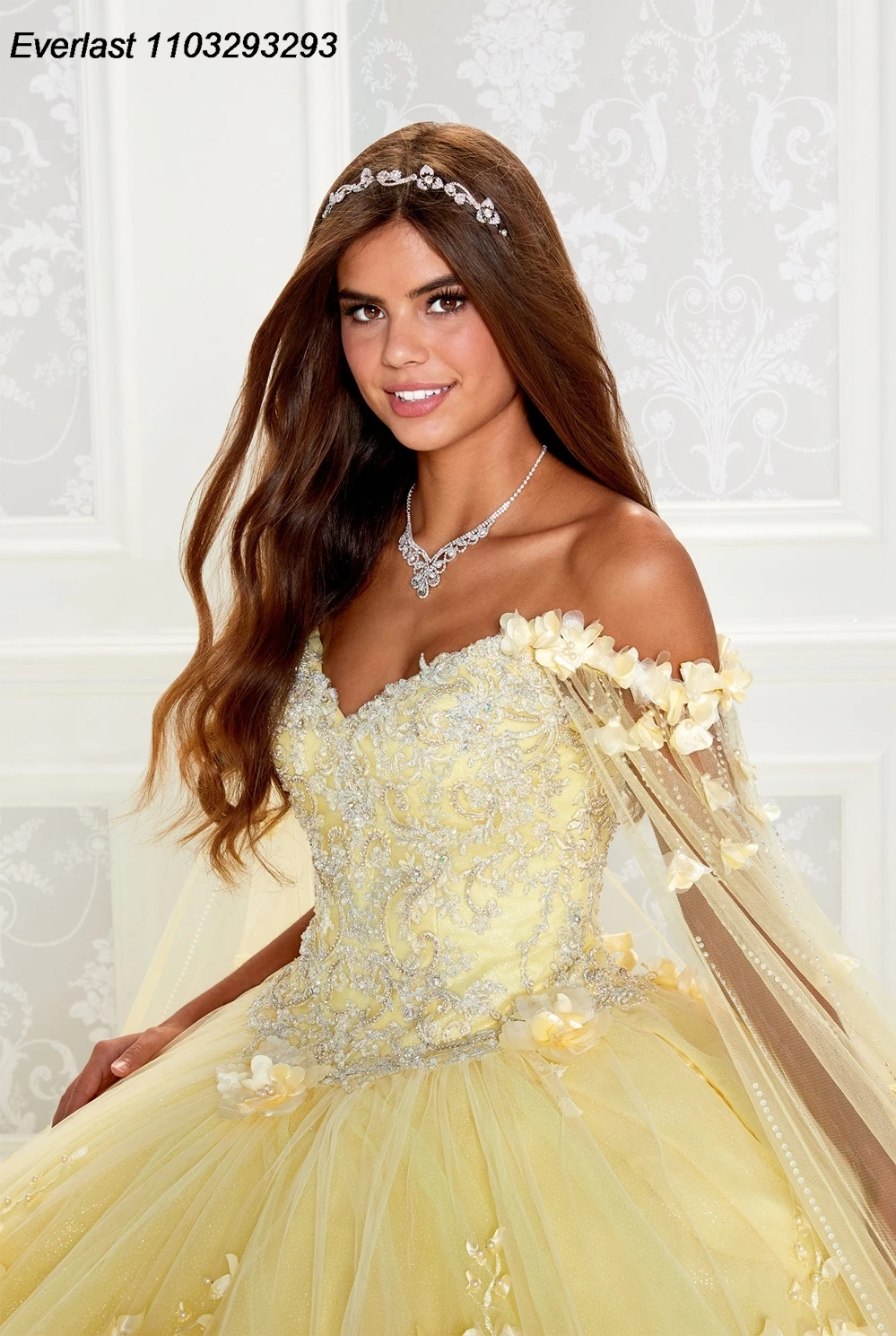 EVLAST-Vestido de baile Quinceanera amarelo com capa, Applique 3D Flower Lace, Beading, México Sweet 16, TQD194, 15