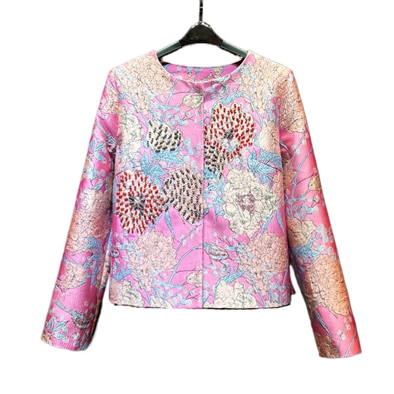 

2025 Girls Vintage Spring Autumn Pink Embroidery Jackets Women Long Sleeve Floral Beading Fashion Coat Outwear Trench O-neck