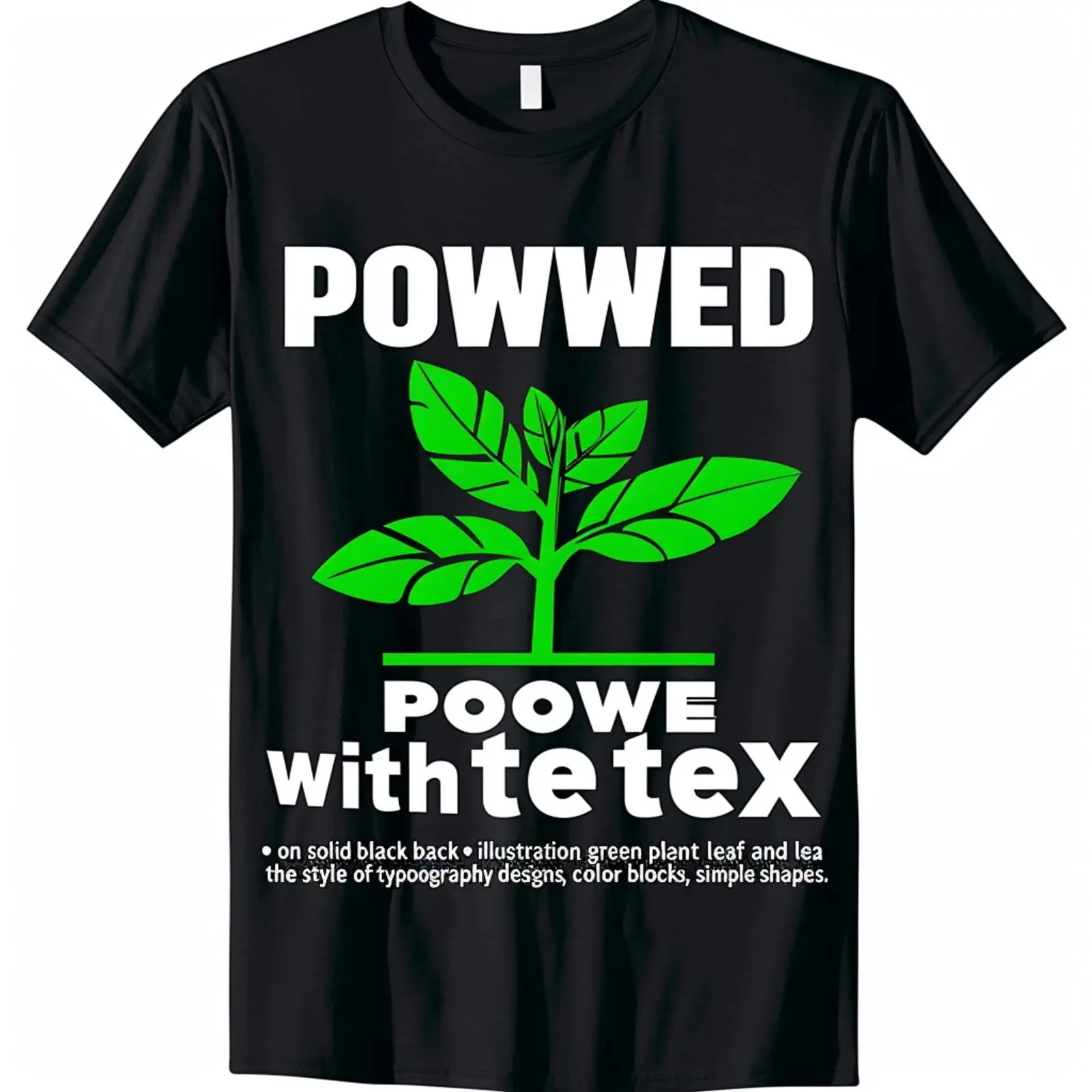 

TShirt Design Green Plant Leaf Illustration Powered Outlined Plants Black Tee