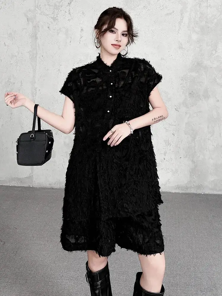 Black Tassels Perspective Shirt Shorts Two Piece Suit New Lapel Sleeveless Women Fashion Tide Spring Summer