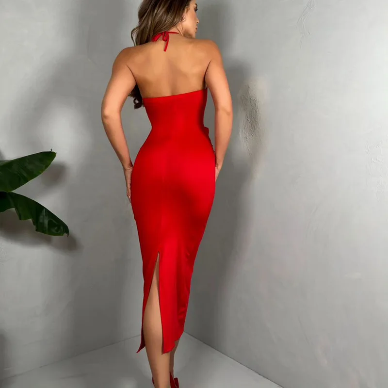 Fashion 3D Floral Backless Halter Cut Out Long Dress Women's Hollow out Solid Sexy Bodycon Dress Summer Club Party Clothing 2025