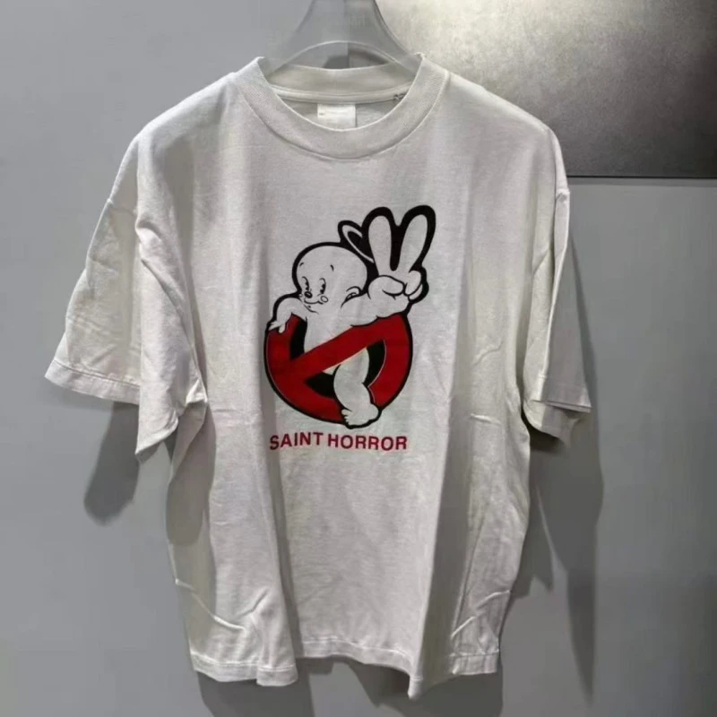 Men Women Street Spring Summer Cartoon Ghost Print T Shirts Saint Loose Casual Short Sleeve T-shirt Harajuku Style