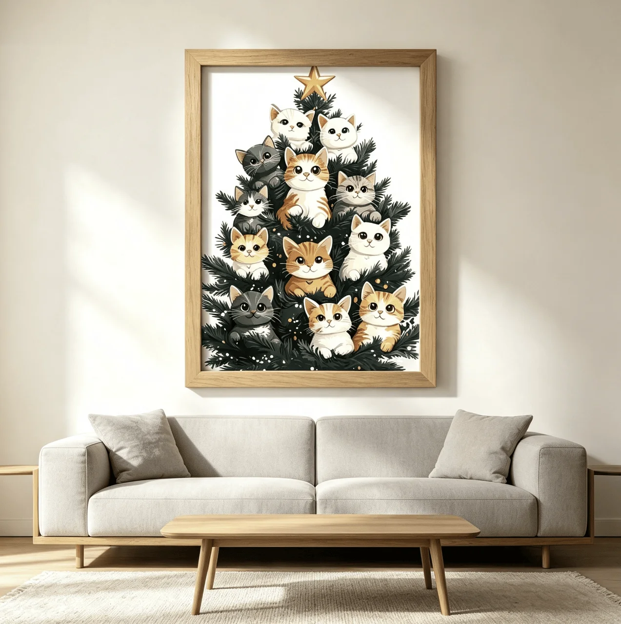 Cute Kittens Christmas Tree Wall Art Canvas Prints Posters, Cartoon Cat Christmas Illustration, Holiday Living Room Home Decor
