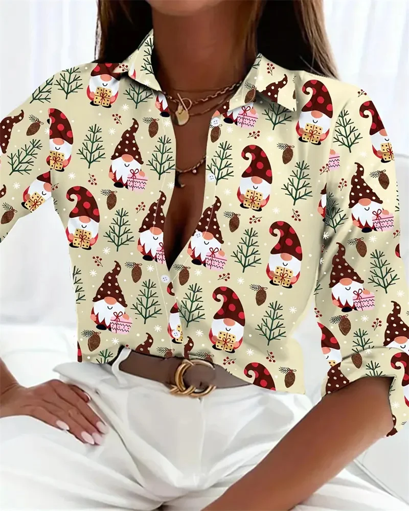 

Christmas Women's Long Sleeves Shirt Pattern 3D Printed Tops Autumn New Women's Button Lapel Long Sleeve Christmas Elk Shirt
