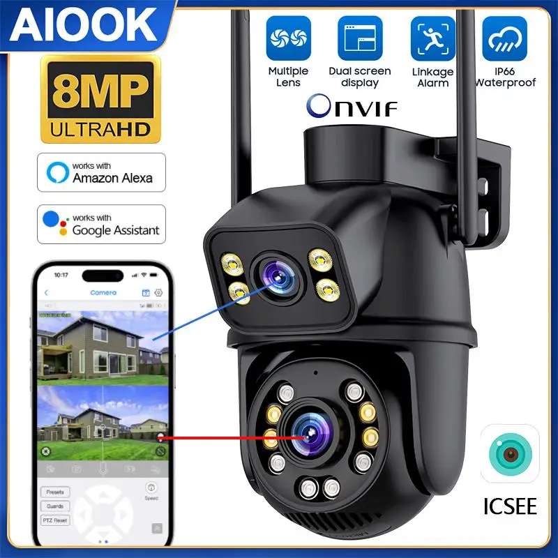 AIOOK ICSEE kamera WiFi, lensa ganda tahan air luar ruangan HD 8MP 4K CCTV Audio dua arah interkom warna penglihatan malam Alarm cerdas