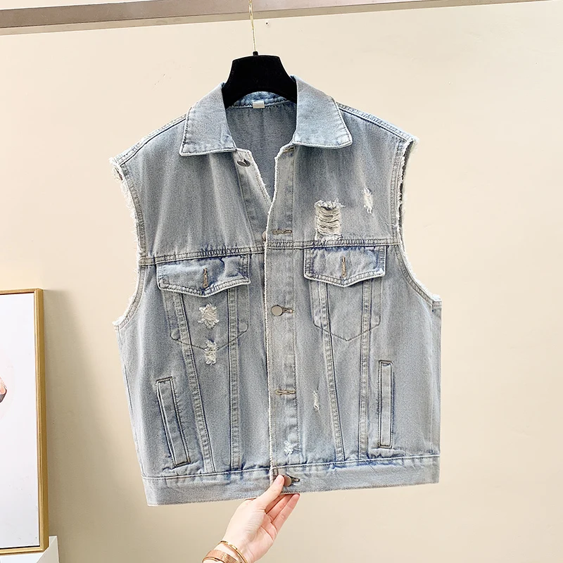 

Vintage Light Blue Holes Big Pocket Denim Vest Women Loose Casual Cowboy Waistcoat Spring Korean Sleeveless Jeans Jacket Female