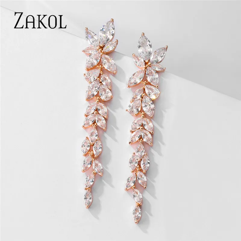 ZAKOL Luxury Marquise Cluster Shiny Leaf Shape Cubic Zirconia Long Dangle Drop Earrings for Brides Wedding Jewelry FSEP2605