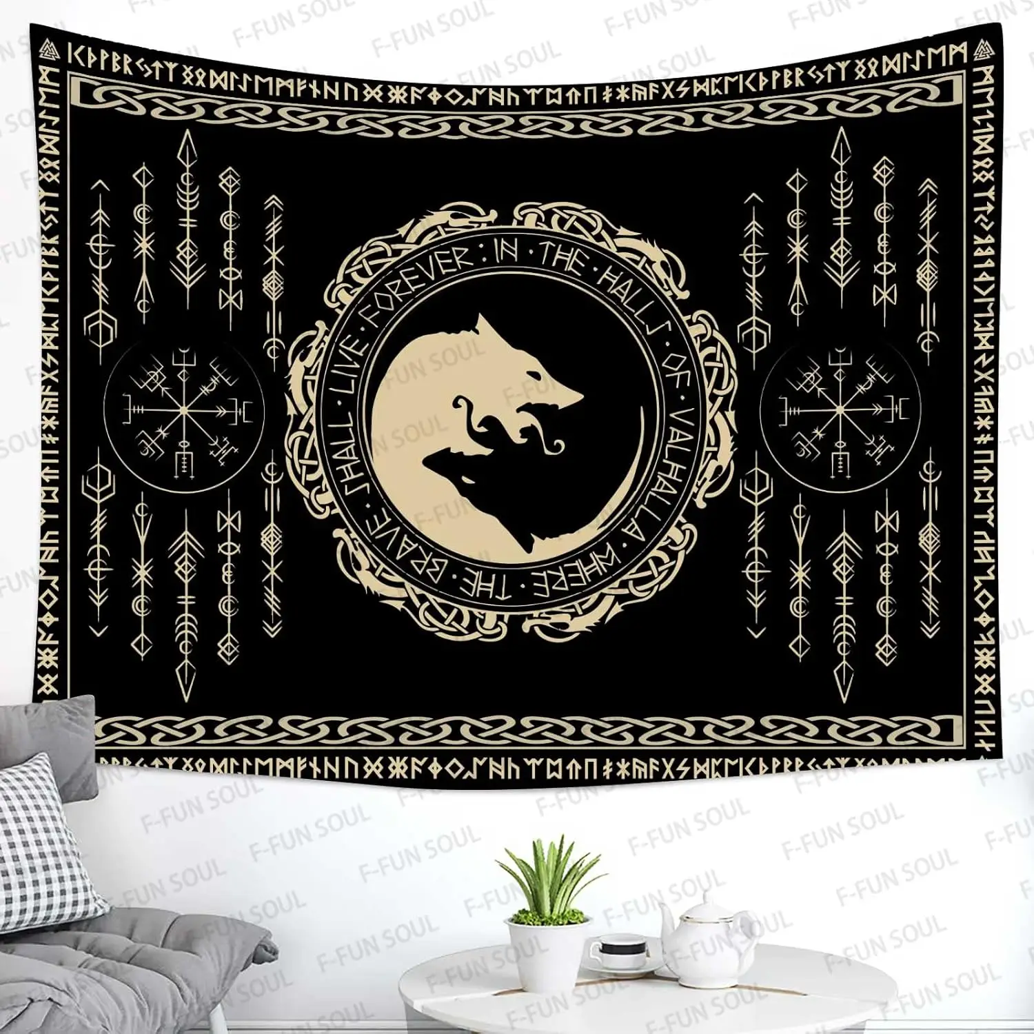 Nordic Vikings Tapestry,Viking Violence Wolf Celtic Rune Scandinavian Aesthetic Mythology Tapestry Wall Hanging for Bedroom