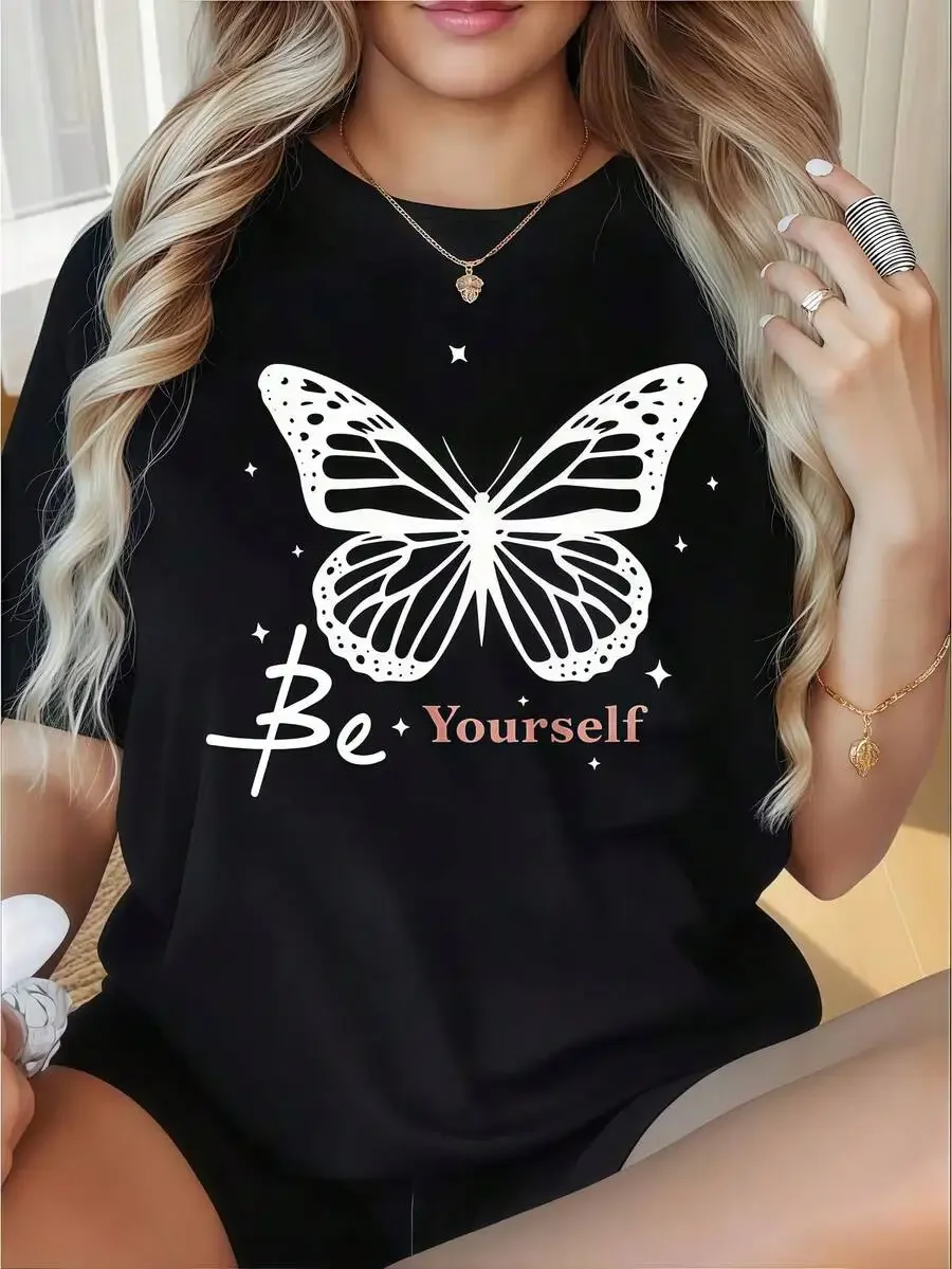 2026 Vacation‑Vibe Women Short‑Sleeve T‑Shirt Crew Neck Beach Postcard Pattern Print Cream Summer Daily Wear Tops