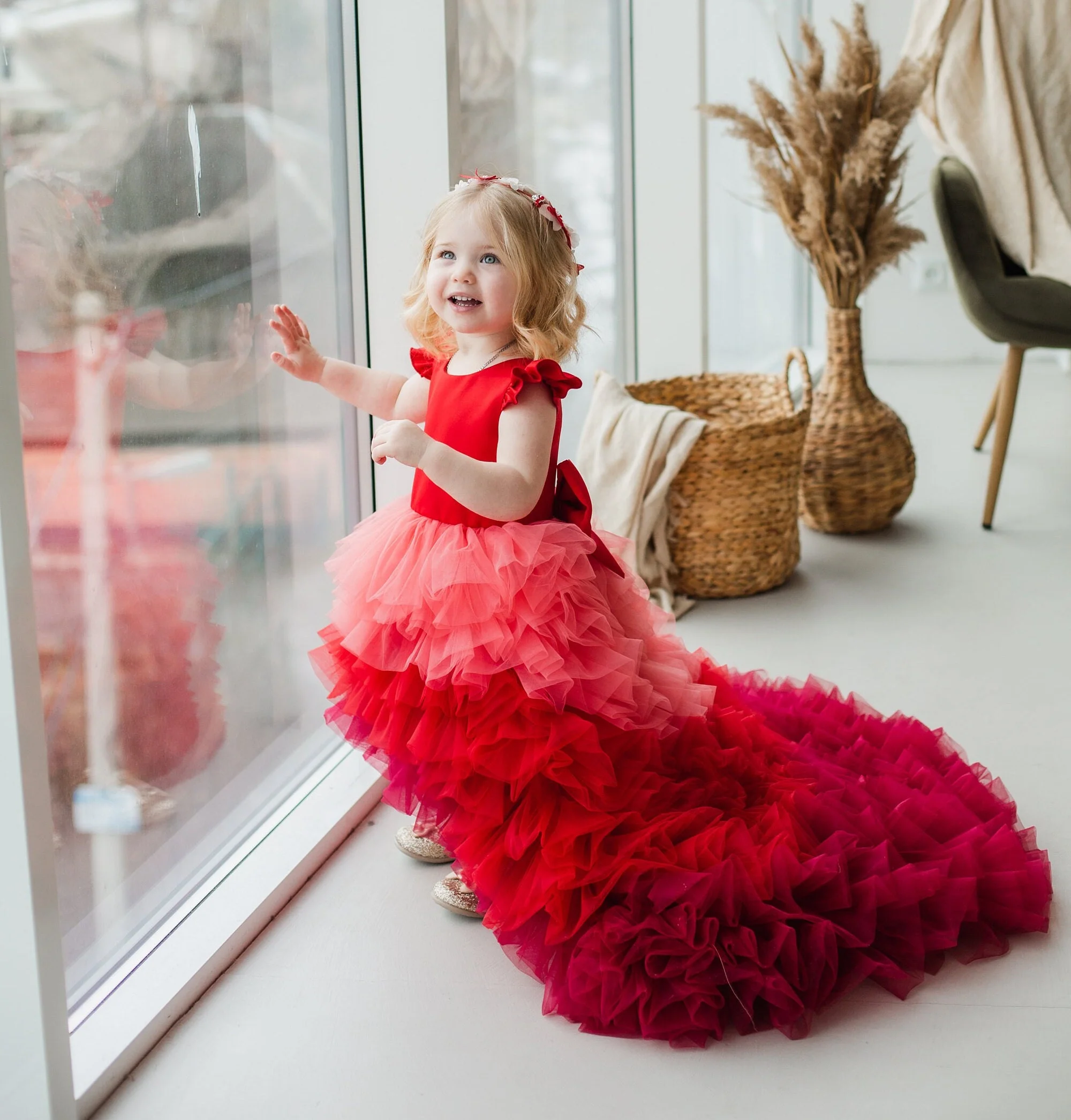 Red Flower Girl Dress Long Sweep Train Birthday Pageant Multilayered Prom Ball Gown Special Occasion Toddler Baby Dress