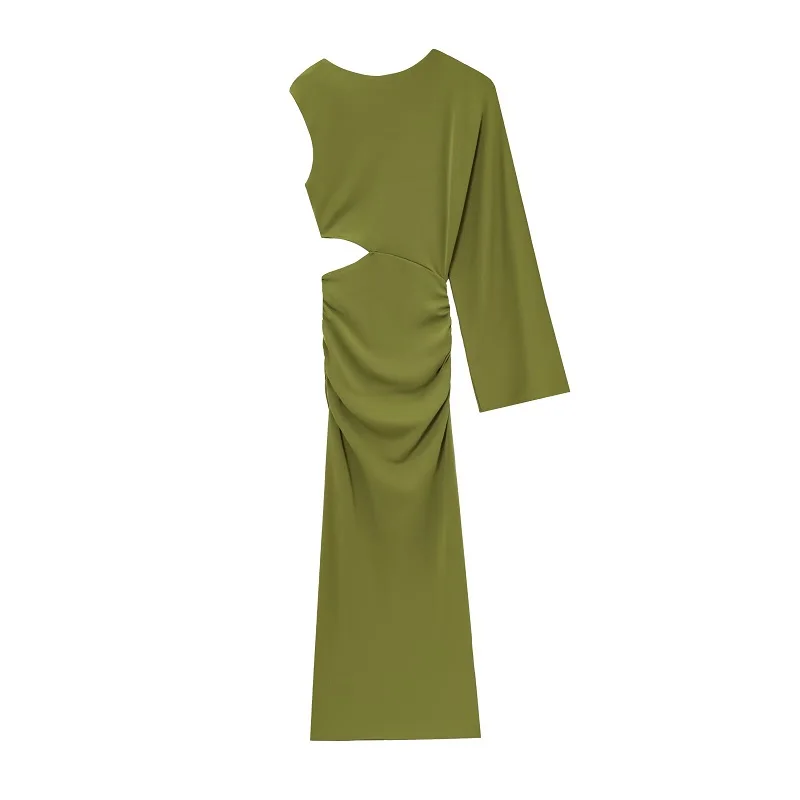 Muyer verde drapeado vestido longo feminino assimétrico corte midi vestido mulher sexy vestidos de noite para mulher uma manga vestidos de noite